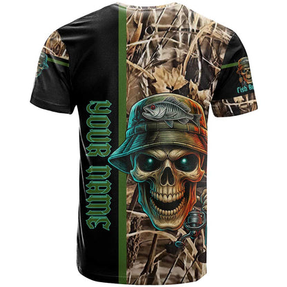 Personalized Fish Reaper Skull T-Shirt Camouflage Background and Fishing Rod Graphic Design Graphic Tee