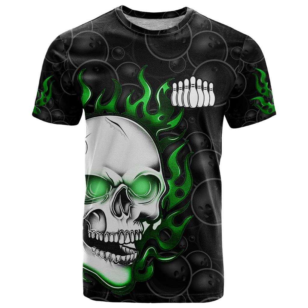 Personalized Skull Bowling T-Shirt Green Flame Skull Graphic Tee