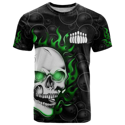 Personalized Skull Bowling T-Shirt Green Flame Skull Graphic Tee