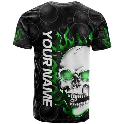 Personalized Skull Bowling T-Shirt Green Flame Skull Graphic Tee