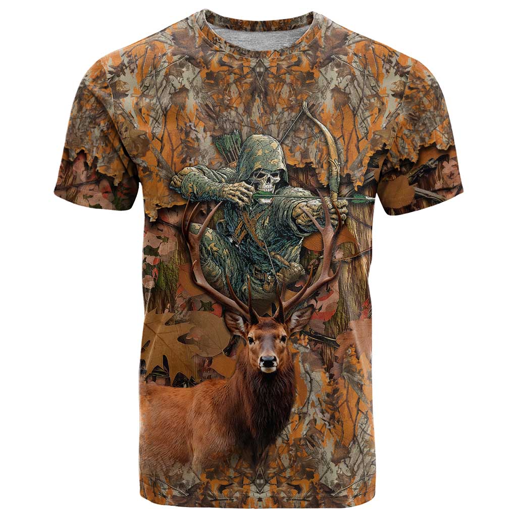 Custom Deer Hunting T-Shirt Big Game Camo Forest Design and Skeleton Archer Graphic Tee