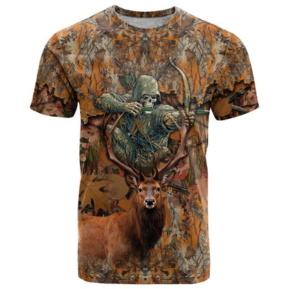 Custom Deer Hunting T-Shirt Big Game Camo Forest Design and Skeleton Archer Graphic Tee
