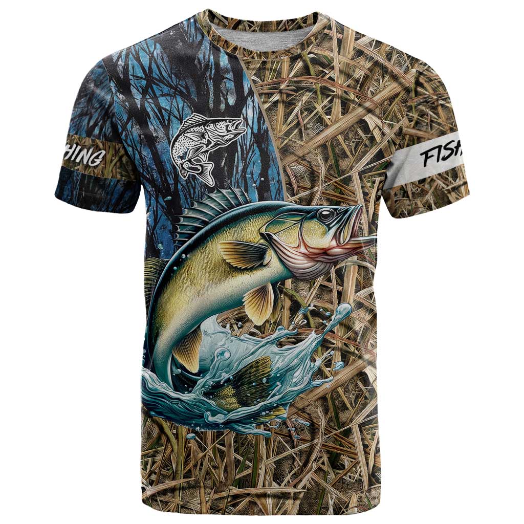 Personalized Walleye Splash T-Shirt Camo Reeds and Night Forest Fishing Theme Graphic Tee