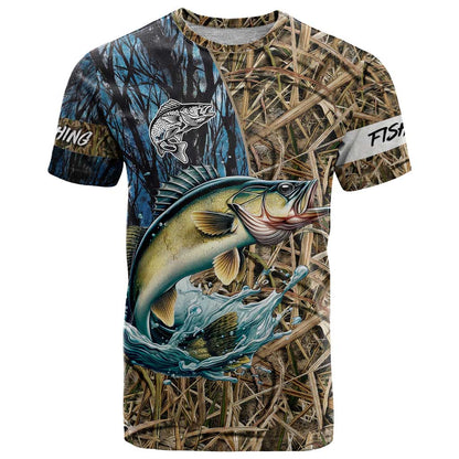 Personalized Walleye Splash T-Shirt Camo Reeds and Night Forest Fishing Theme Graphic Tee
