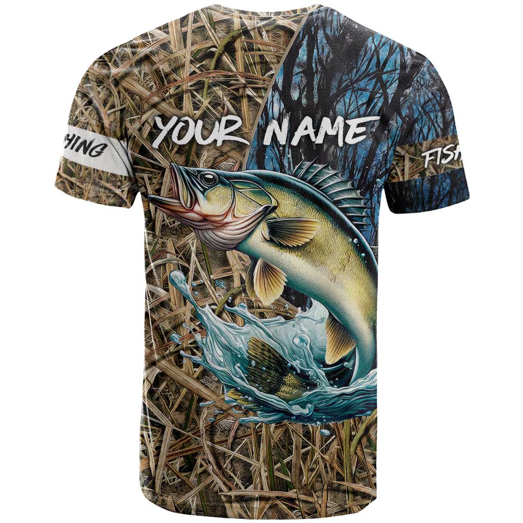 Personalized Walleye Splash T-Shirt Camo Reeds and Night Forest Fishing Theme Graphic Tee