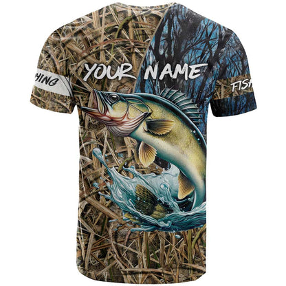Personalized Walleye Splash T-Shirt Camo Reeds and Night Forest Fishing Theme Graphic Tee