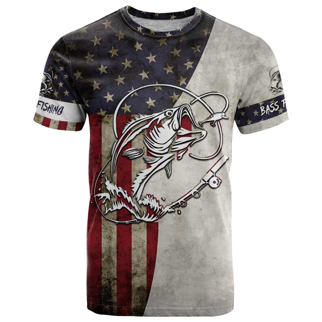 Personalized Distressed American Flag Bass Fishing T-Shirt Hooked Fish and Rustic Vintage Theme Graphic Tee