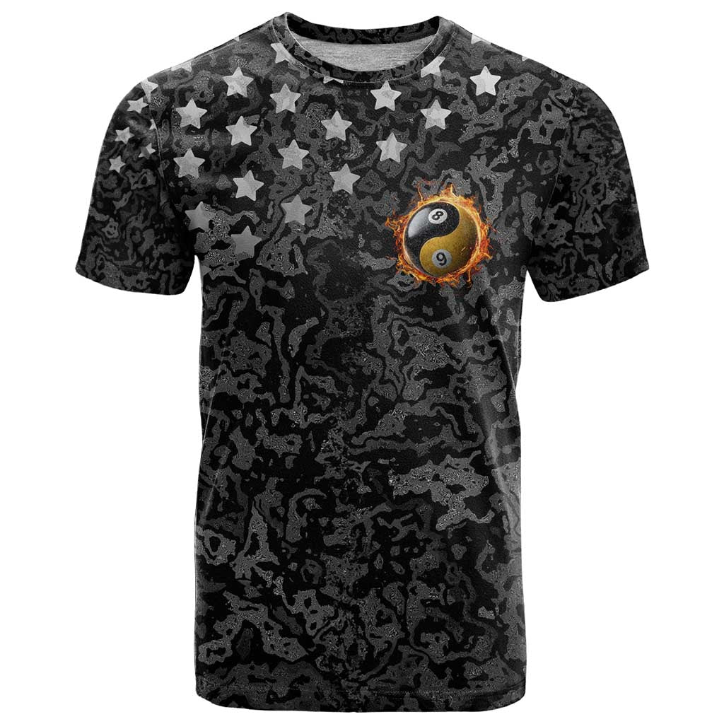 Personalized Yin Yang Billiards T-Shirt 8 Ball and 9 Ball in Fiery Black Camo Pattern Graphic Tee