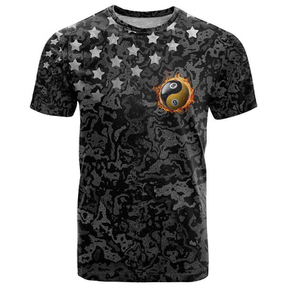 Personalized Yin Yang Billiards T-Shirt 8 Ball and 9 Ball in Fiery Black Camo Pattern Graphic Tee