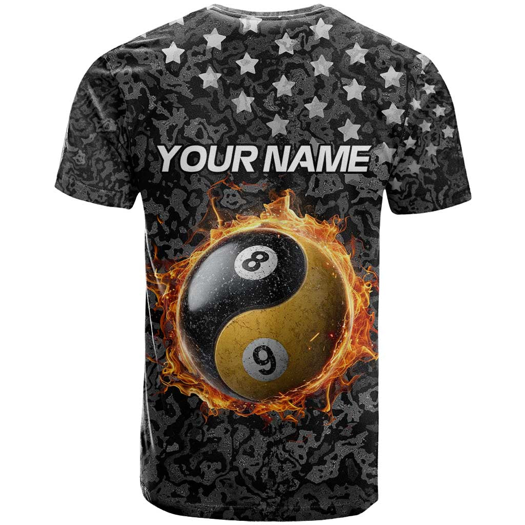 Personalized Yin Yang Billiards T-Shirt 8 Ball and 9 Ball in Fiery Black Camo Pattern Graphic Tee