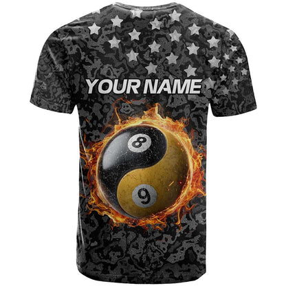 Personalized Yin Yang Billiards T-Shirt 8 Ball and 9 Ball in Fiery Black Camo Pattern Graphic Tee