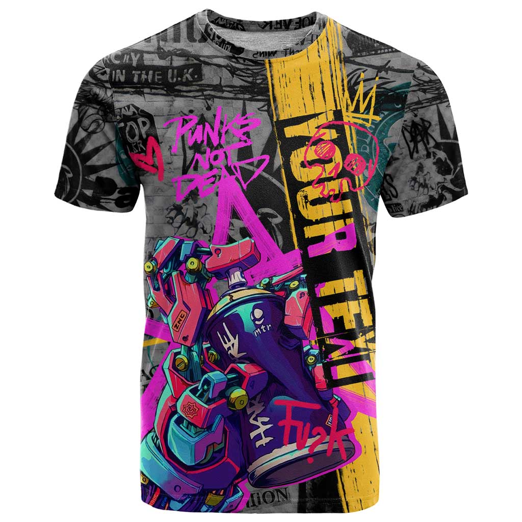 Punk Cheetah Graffiti T-Shirt with Punk Not Dead Street Art and Neon Jungle Design Graphic Tee