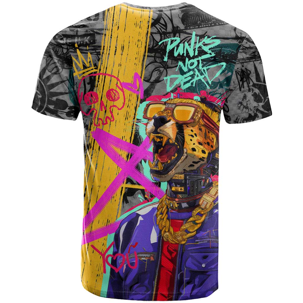 Punk Cheetah Graffiti T-Shirt with Punk Not Dead Street Art and Neon Jungle Design Graphic Tee