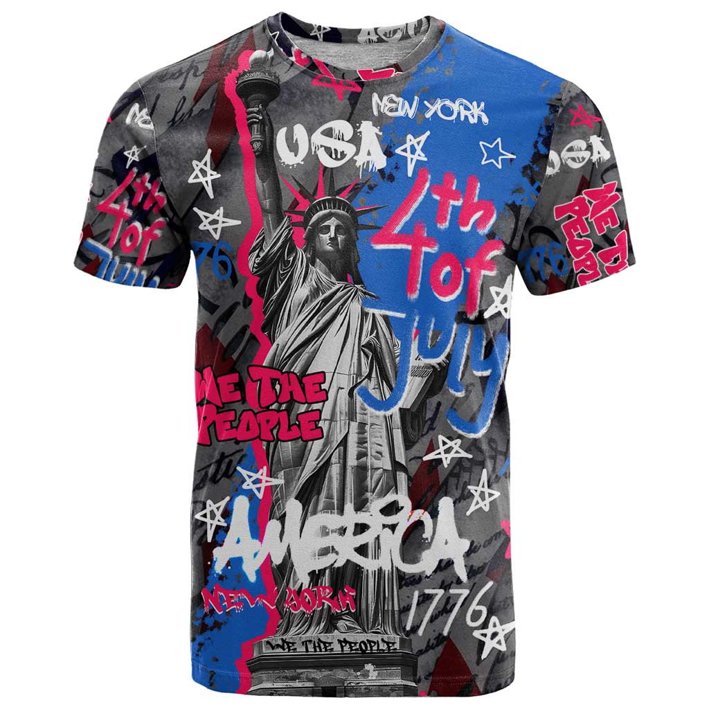 4th of July Graffiti T-Shirt with Statue of Liberty and American Independence Street Art Design Graphic Tee