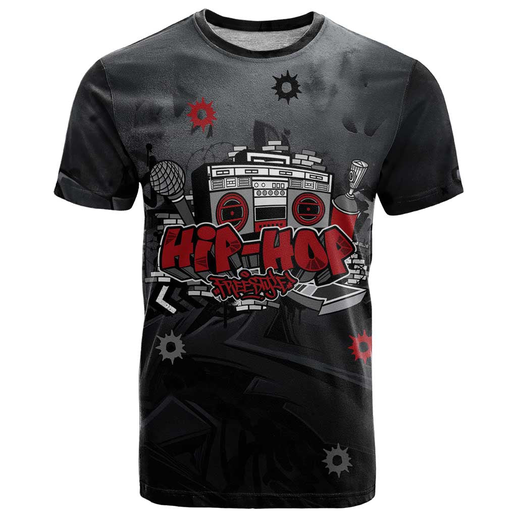 Hip Hop Streetwear T-Shirt with Graffiti Boombox and Angel Bear Graphic in Urban Bullet Hole Design Graphic Tee