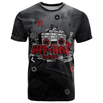 Hip Hop Streetwear T-Shirt with Graffiti Boombox and Angel Bear Graphic in Urban Bullet Hole Design Graphic Tee