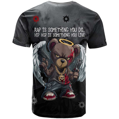 Hip Hop Streetwear T-Shirt with Graffiti Boombox and Angel Bear Graphic in Urban Bullet Hole Design Graphic Tee