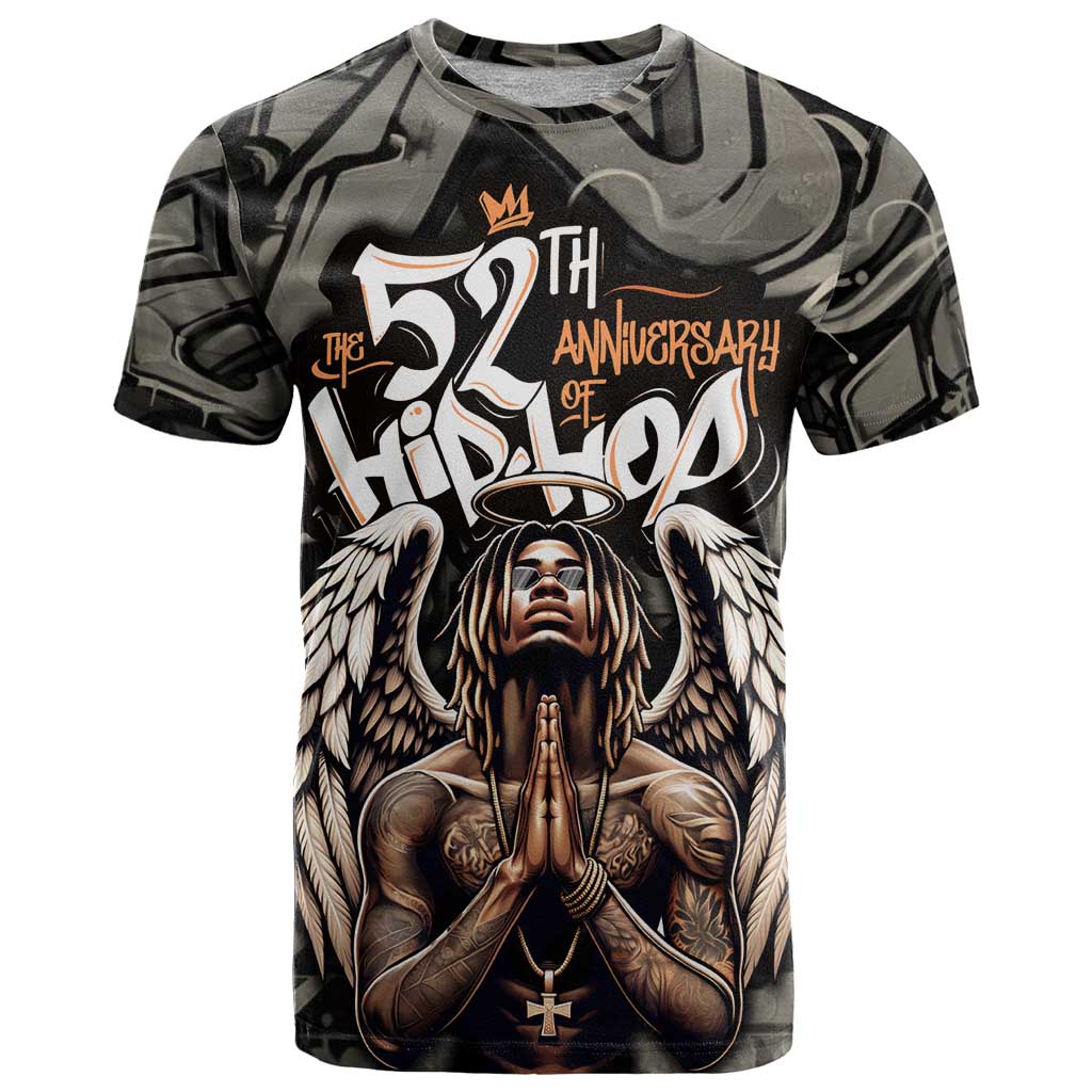 52th Anniversary Of Hiphop Celebration T-Shirt with Praying Angel Graphic and Urban Graffiti Background Graphic Tee