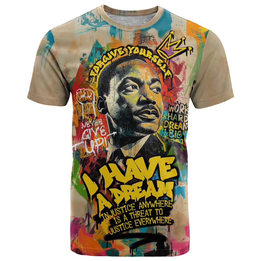 Martin Luther King Graffiti Style Graphic T-Shirt with Colorful Spray Paint Quotes and Crown Detail Graphic Tee