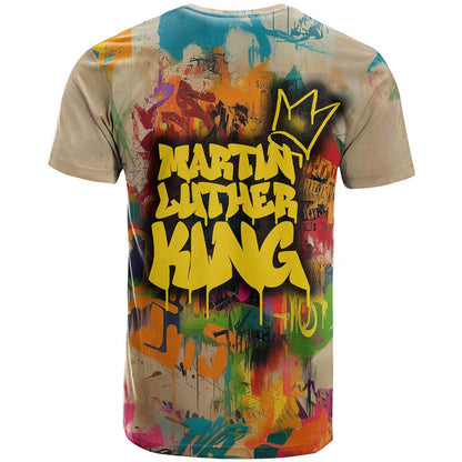 Martin Luther King Graffiti Style Graphic T-Shirt with Colorful Spray Paint Quotes and Crown Detail Graphic Tee