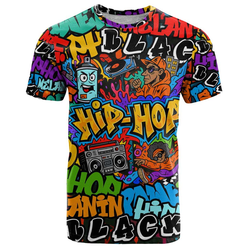 Hip Hop Graffiti Style T-Shirt Black Melanin Text and Urban Street Art Design Graphic Tee