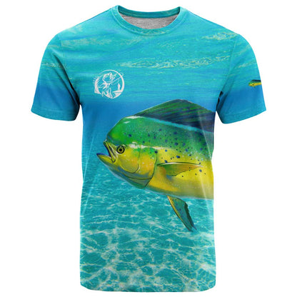 Mahi Mahi Fishing Customize Name T-Shirt Underwater Blue Background in Tropical Ocean Scene Graphic Tee