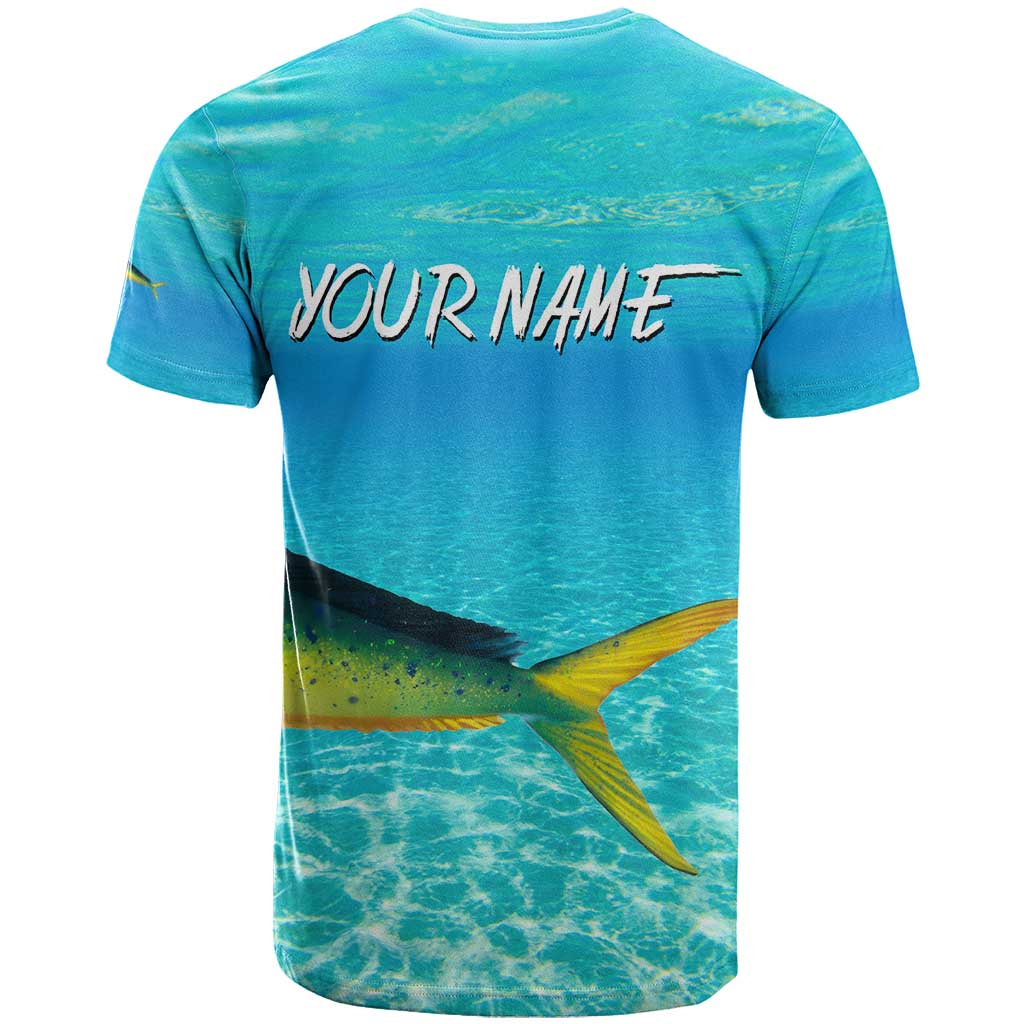 Mahi Mahi Fishing Customize Name T-Shirt Underwater Blue Background in Tropical Ocean Scene Graphic Tee