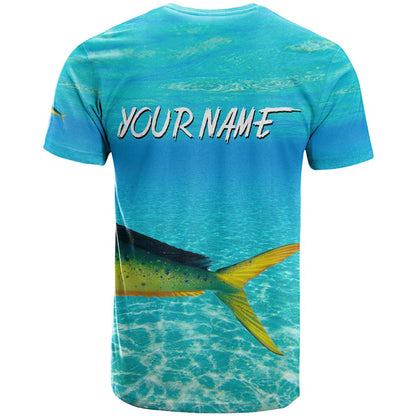 Mahi Mahi Fishing Customize Name T-Shirt Underwater Blue Background in Tropical Ocean Scene Graphic Tee