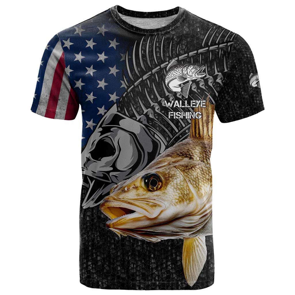 Walleye Fishing Skeleton Personalized T-Shirt Grunge American Flag and Realistic Fish Graphic Graphic Tee