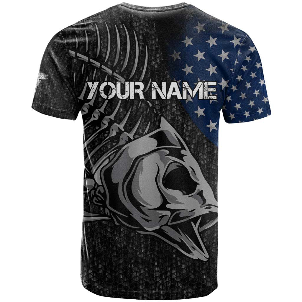 Walleye Fishing Skeleton Personalized T-Shirt Grunge American Flag and Realistic Fish Graphic Graphic Tee