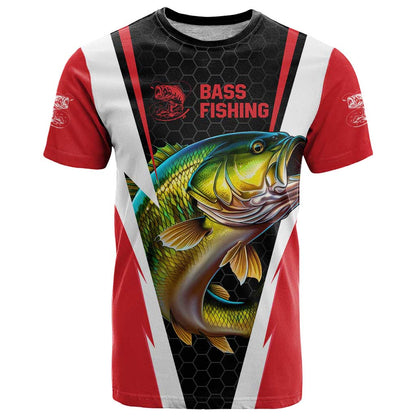 Bass Fishing Personalized T-Shirt Bold Red and Black Lightning Pattern and Honeycomb Background Graphic Tee