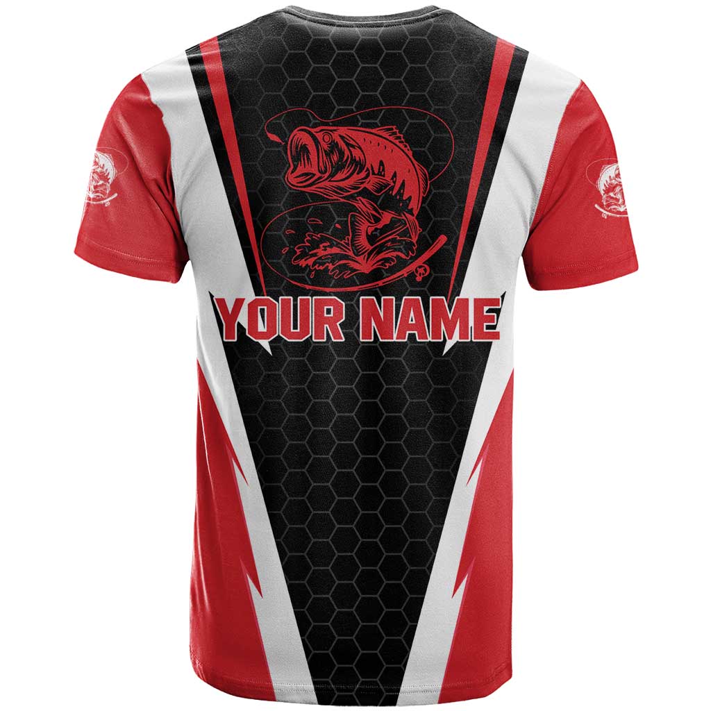 Bass Fishing Personalized T-Shirt Bold Red and Black Lightning Pattern and Honeycomb Background Graphic Tee