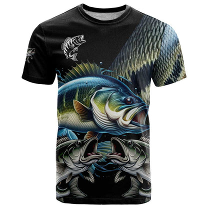 Largemouth Bass Fishing Scale Customize Name T-Shirt Aggressive Bass Scaled Texture and Black Sporty Graphic Tee