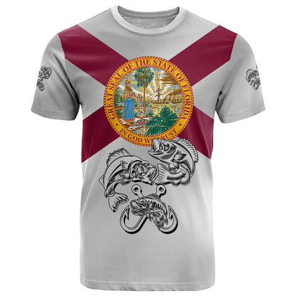Florida State Flag Fishing T-Shirt Hook and Fish Sketch Graphic in Red and White Design Graphic Tee