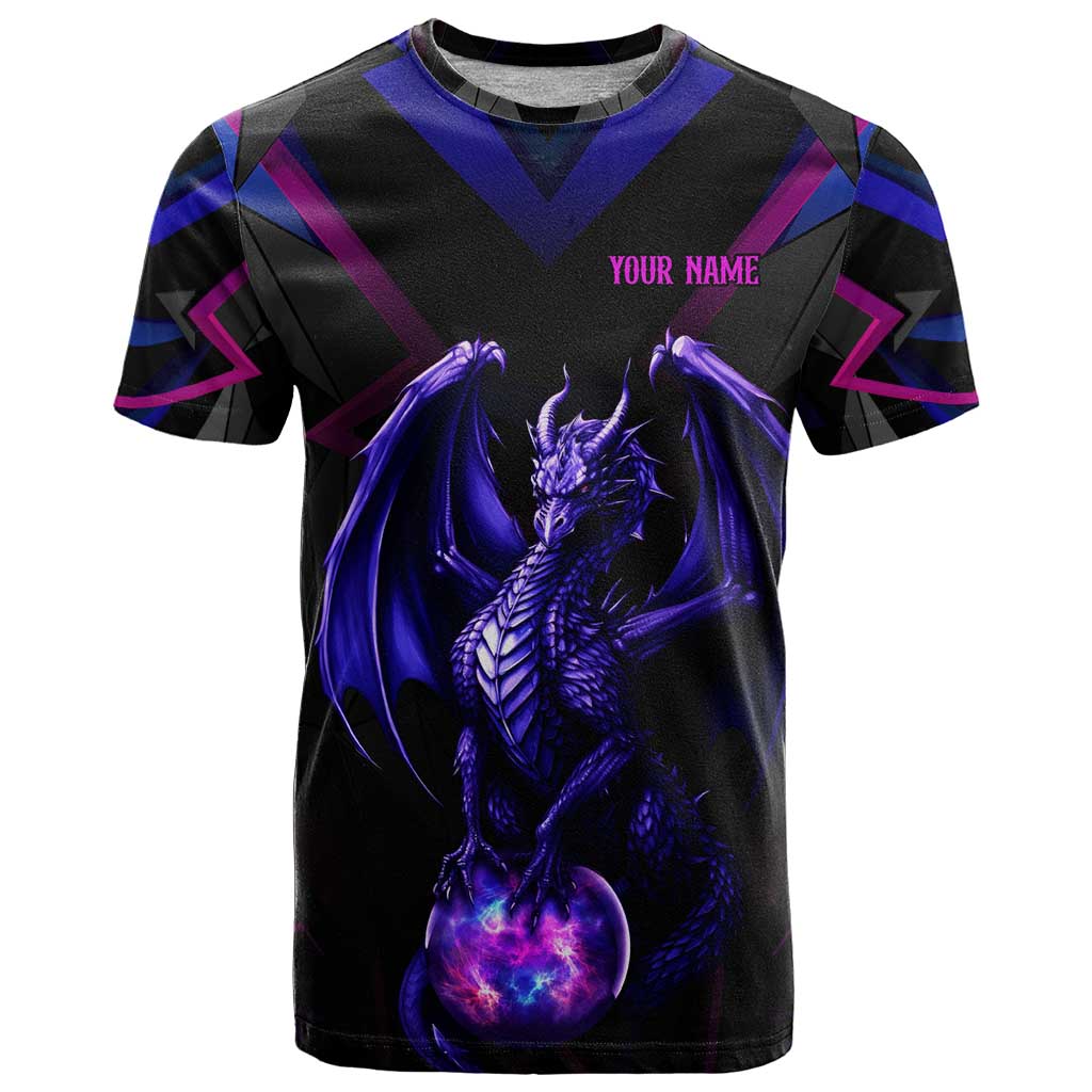 Custom Black And Purple Dragon Bowling T-Shirt Magic Orb Graphic on Geometric Black Background Design Graphic Tee