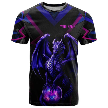 Custom Black And Purple Dragon Bowling T-Shirt Magic Orb Graphic on Geometric Black Background Design Graphic Tee