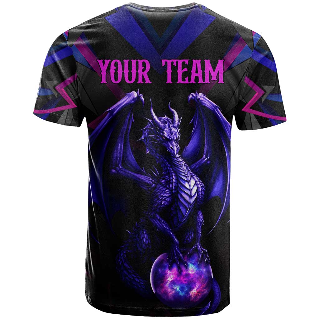 Custom Black And Purple Dragon Bowling T-Shirt Magic Orb Graphic on Geometric Black Background Design Graphic Tee