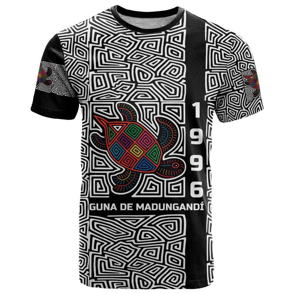 Indigenous Regions of Panama Guna de Madungandí T-Shirt with Colorful Turtle and Black White Geometric Pattern Graphic Tee