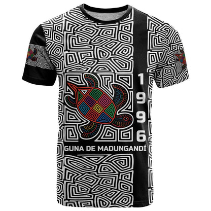 Indigenous Regions of Panama Guna de Madungandí T-Shirt with Colorful Turtle and Black White Geometric Pattern Graphic Tee