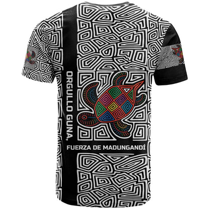 Indigenous Regions of Panama Guna de Madungandí T-Shirt with Colorful Turtle and Black White Geometric Pattern Graphic Tee