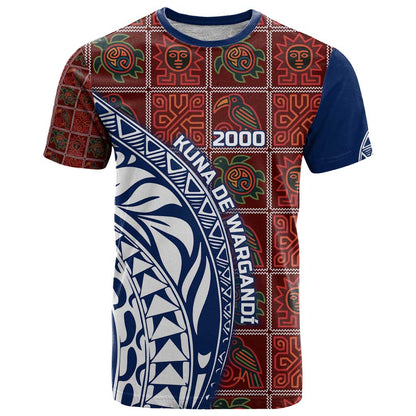 Indigenous Regions of Panama Guna de Wargandí T-Shirt with Tribal Pattern and Blue White Nature and People Graphic Tee