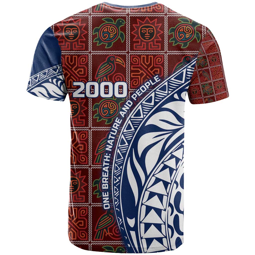 Indigenous Regions of Panama Guna de Wargandí T-Shirt with Tribal Pattern and Blue White Nature and People Graphic Tee