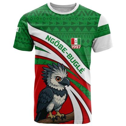 Indigenous Regions of Panama Ngabe-Bugle T-Shirt with Harpy Eagle Graphic and Green Red Tribal Pattern 1997 Graphic Tee