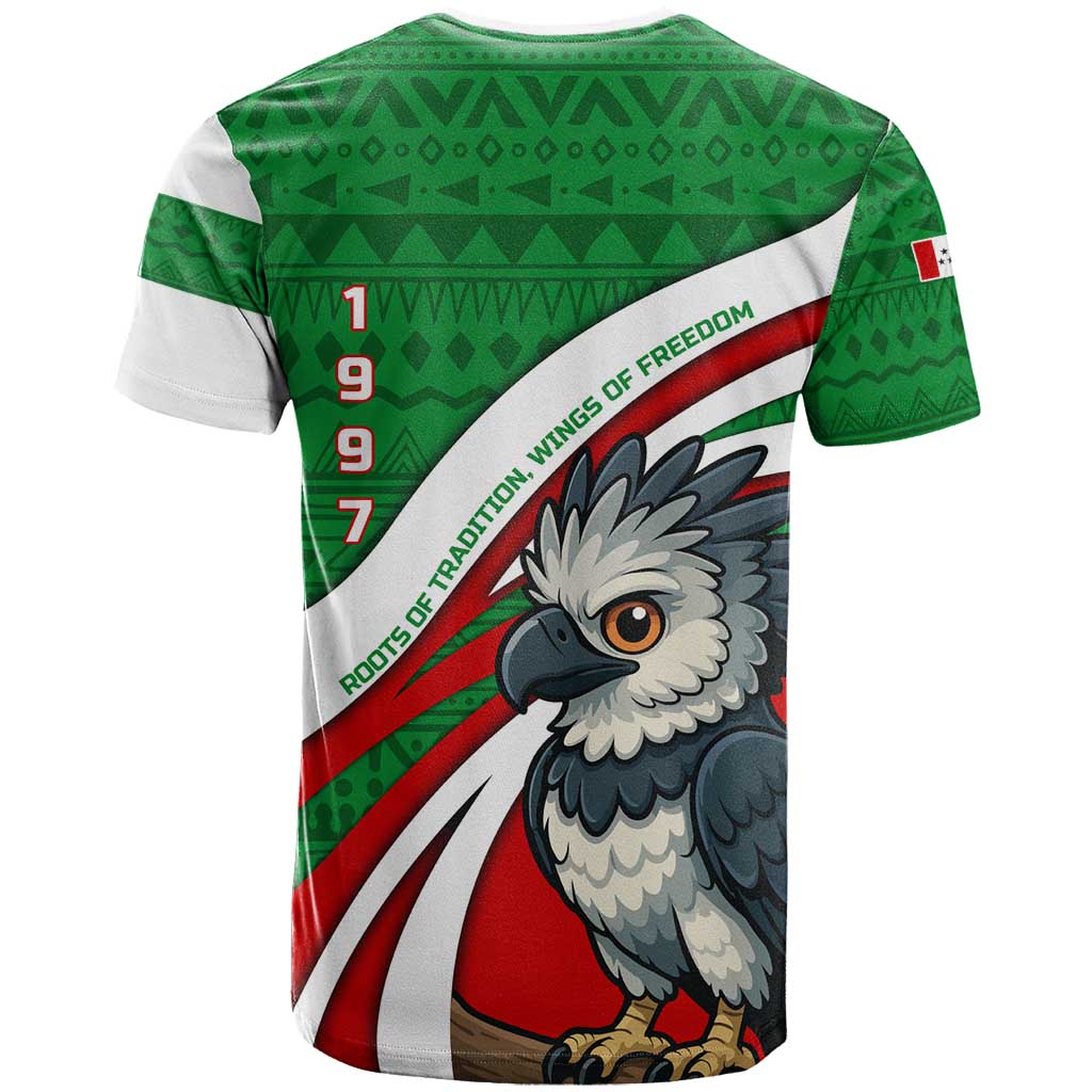 Indigenous Regions of Panama Ngabe-Bugle T-Shirt with Harpy Eagle Graphic and Green Red Tribal Pattern 1997 Graphic Tee