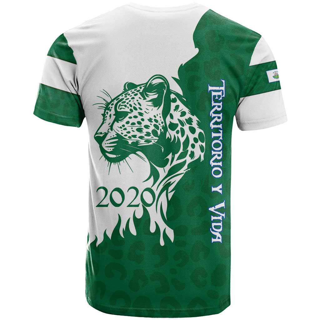 Indigenous Regions of Panama Naso Tjer Di Comarca T-Shirt with Jaguar Graphic and Green White Territory and Life 2020 Graphic Tee