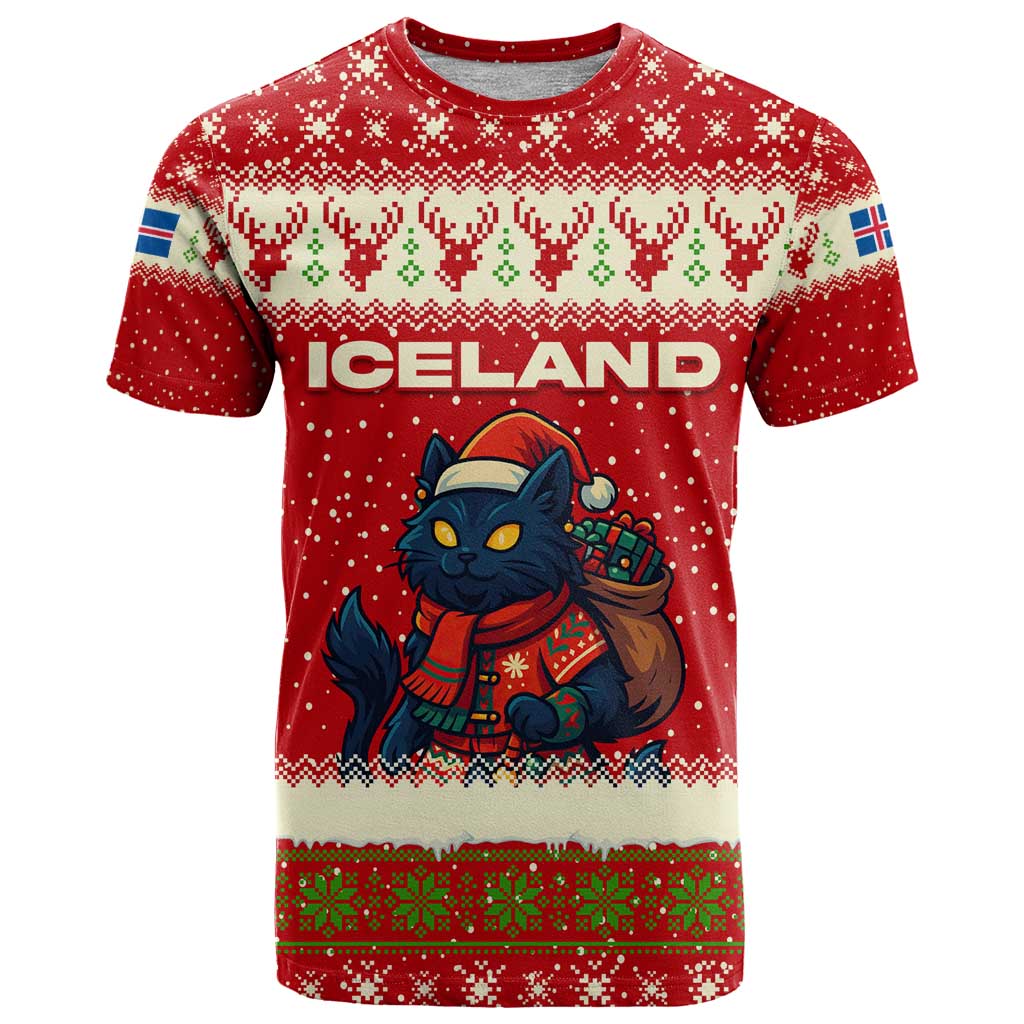 Iceland Christmas T-Shirt with Red Snowflake Pattern Yule Cat and National Coat of Arms Motif Graphic Tee