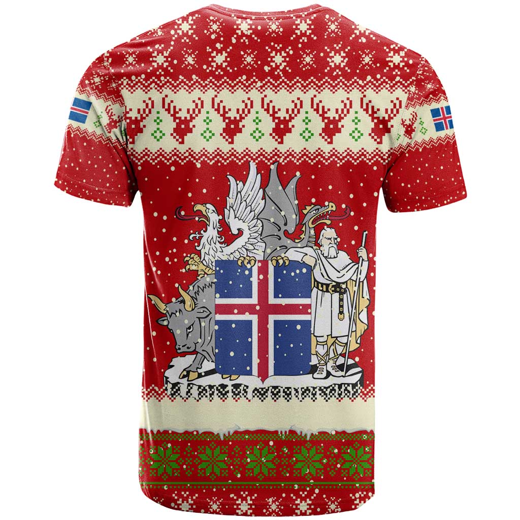 Iceland Christmas T-Shirt with Red Snowflake Pattern Yule Cat and National Coat of Arms Motif Graphic Tee