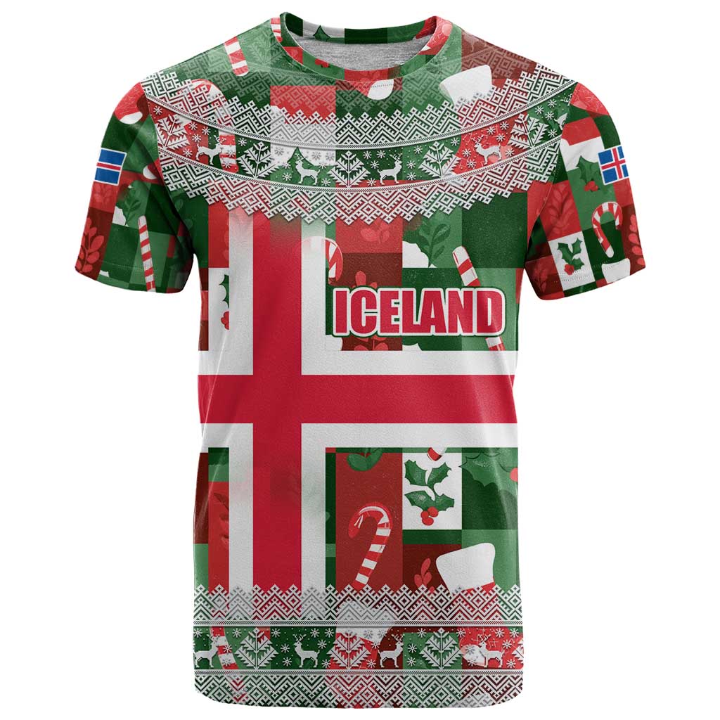 Iceland Christmas T-Shirt with Green & Red Candy Cane Pattern Santa Claus and National Flag Motif Graphic Tee