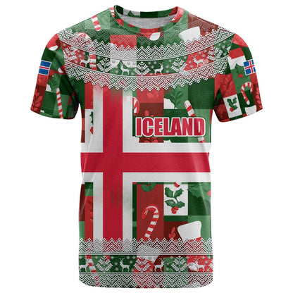 Iceland Christmas T-Shirt with Green & Red Candy Cane Pattern Santa Claus and National Flag Motif Graphic Tee
