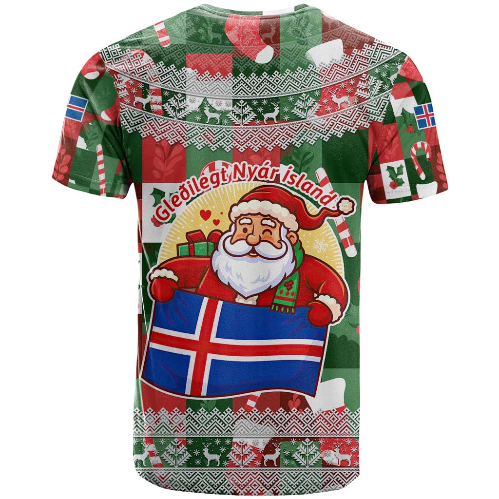 Iceland Christmas T-Shirt with Green & Red Candy Cane Pattern Santa Claus and National Flag Motif Graphic Tee